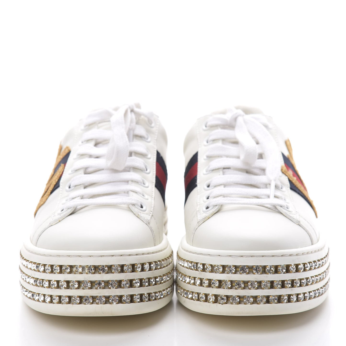 Calfskin Crystal Web LOVED Embroidered Womens Ace Platform Sneakers 36 White Red Flame Notte
