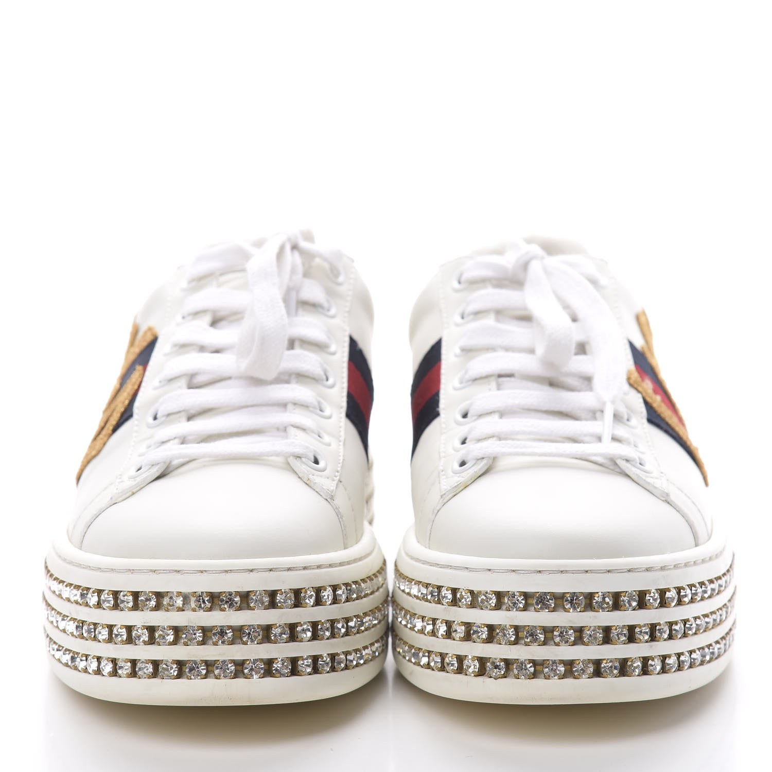 Gucci Calfskin Crystal Web LOVED Embroidered Womens Ace Platform Sneakers 36 White Red Flame Notte 2 of 11