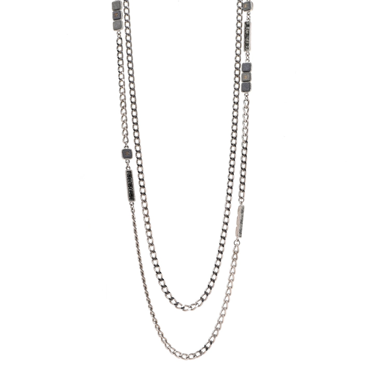 Crystal Baguette Stone Multi Strand Necklace Silver