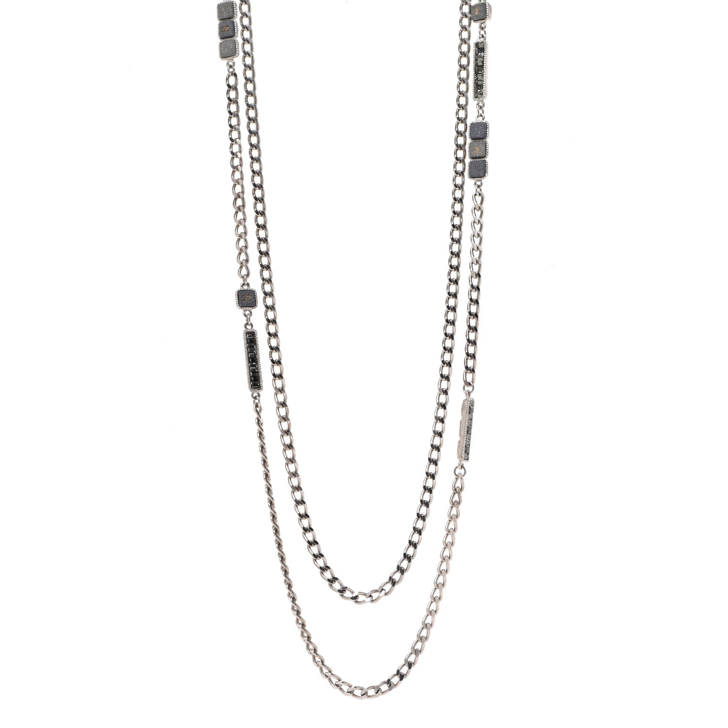 Chanel Crystal Baguette Stone Multi Strand Necklace Silver 1 of 7