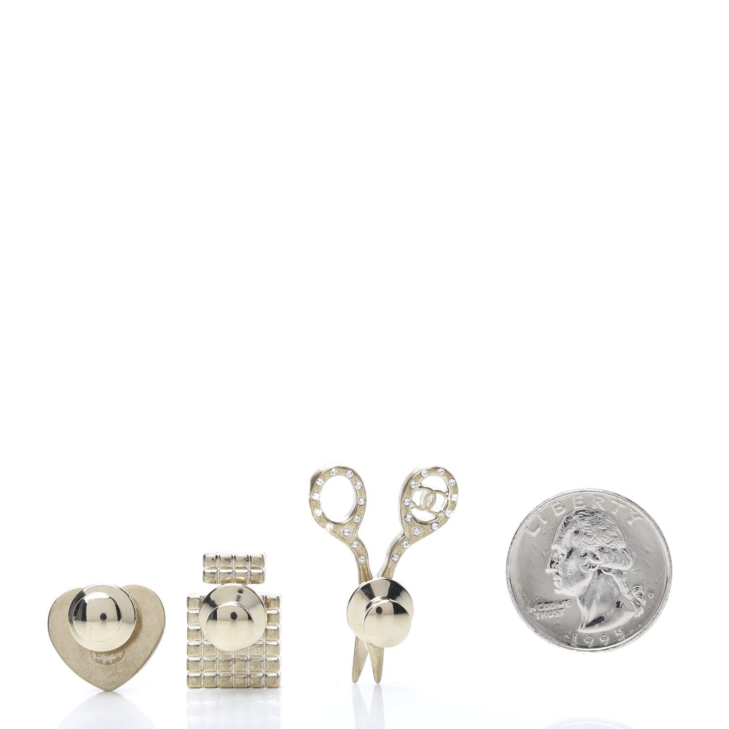 Chanel Metal Strass Crystal Quilted CC Heart Scissors Perfume Brooch Set Gold 3 of 5