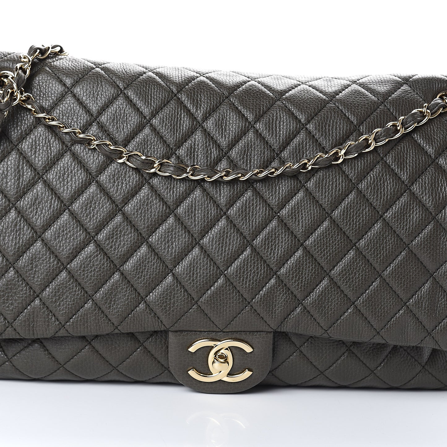 Metallized Calfskin Quilted XXL Travel Flap Bag Khaki
