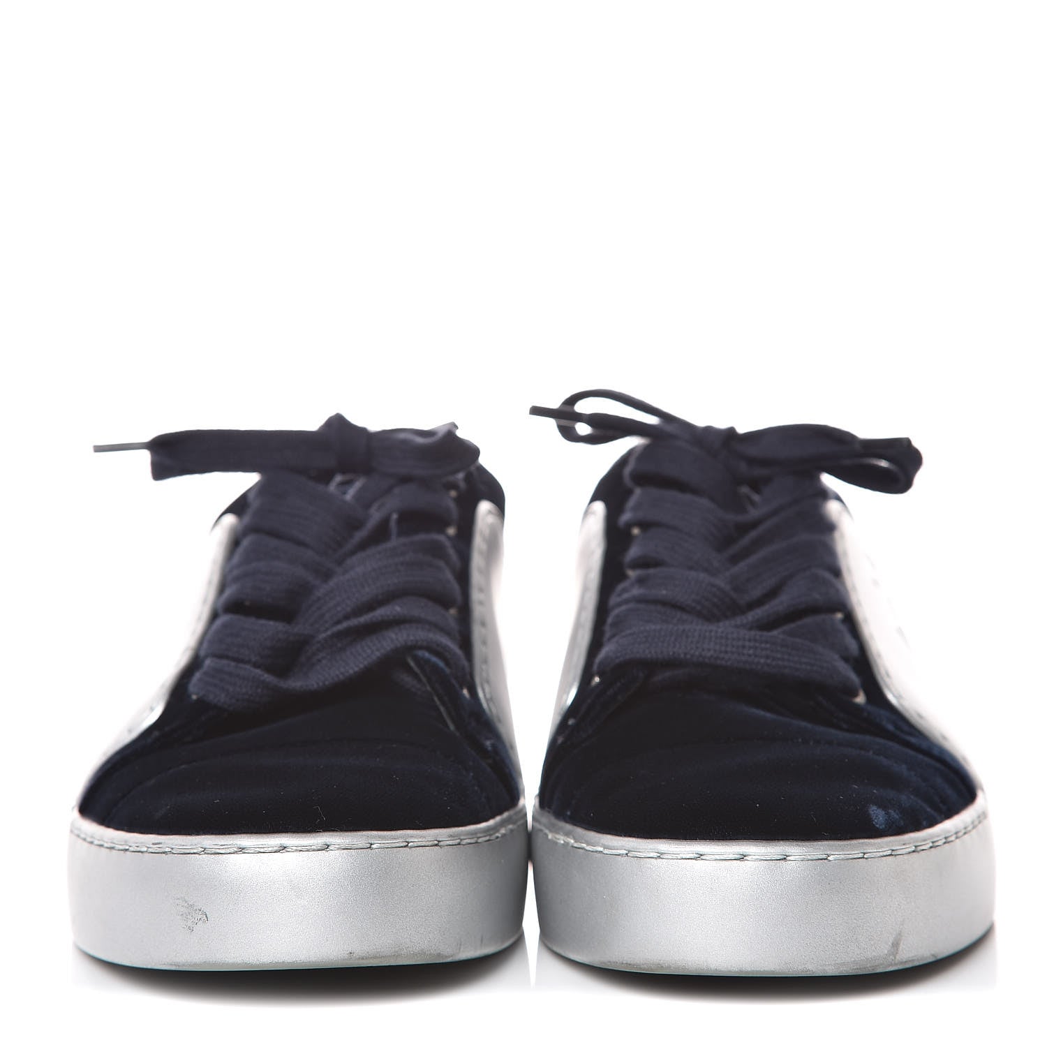 Chanel Calfskin Velvet Womens CC Sneakers 35 Silver Blue 2 of 11