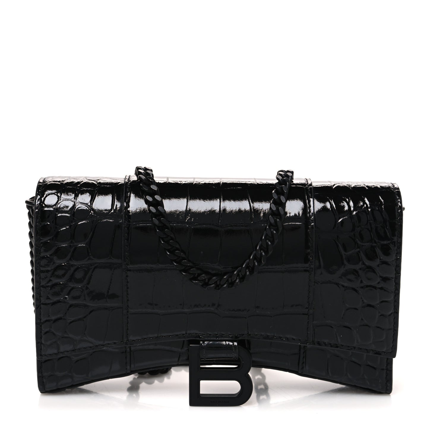 Shiny Calfskin Monochrome Crocodile Embossed Hourglass Chain Bag Black