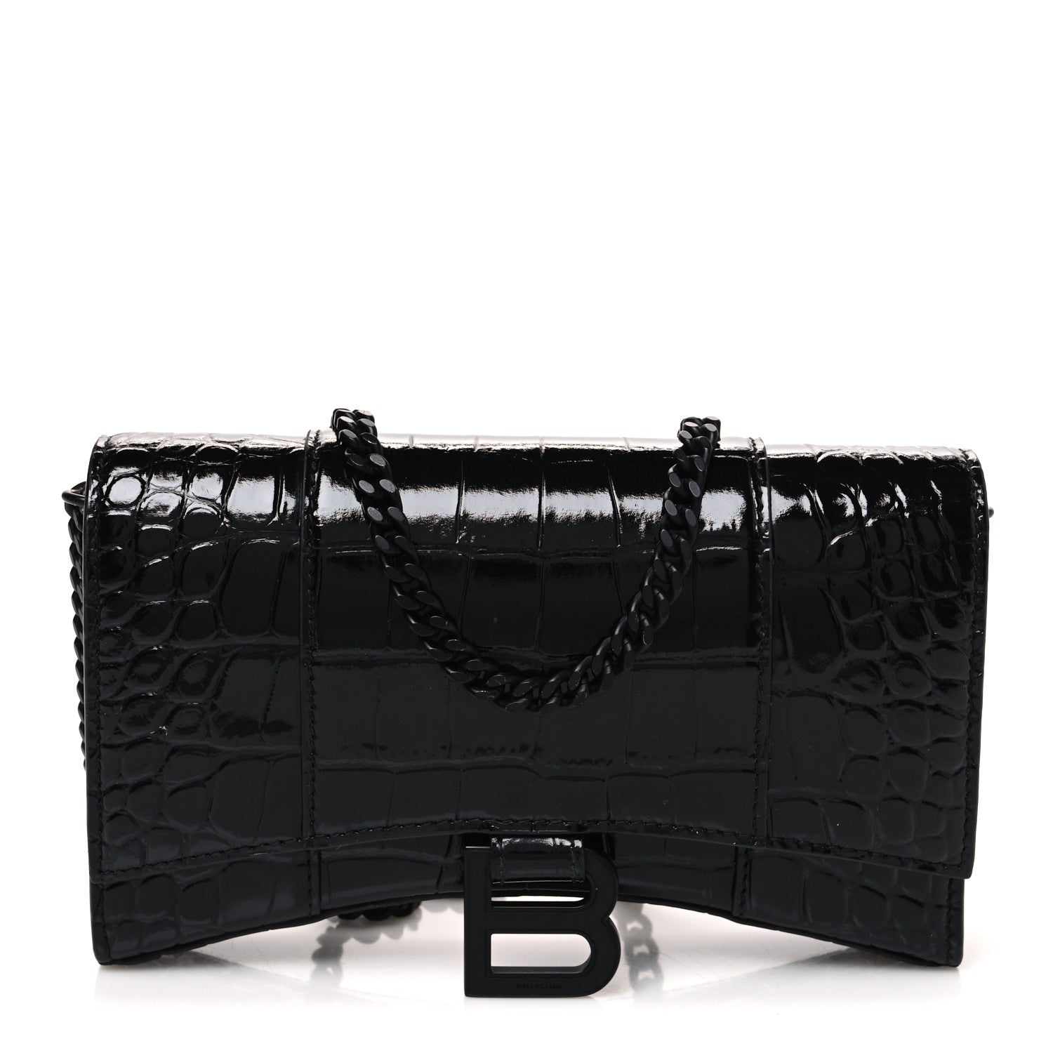 Balenciaga Shiny Calfskin Monochrome Crocodile Embossed Hourglass Chain Bag Black 1 of 10