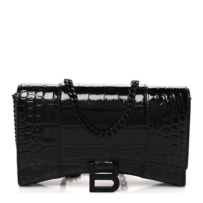 Balenciaga Shiny Calfskin Monochrome Crocodile Embossed Hourglass Chain Bag Black 1 of 10