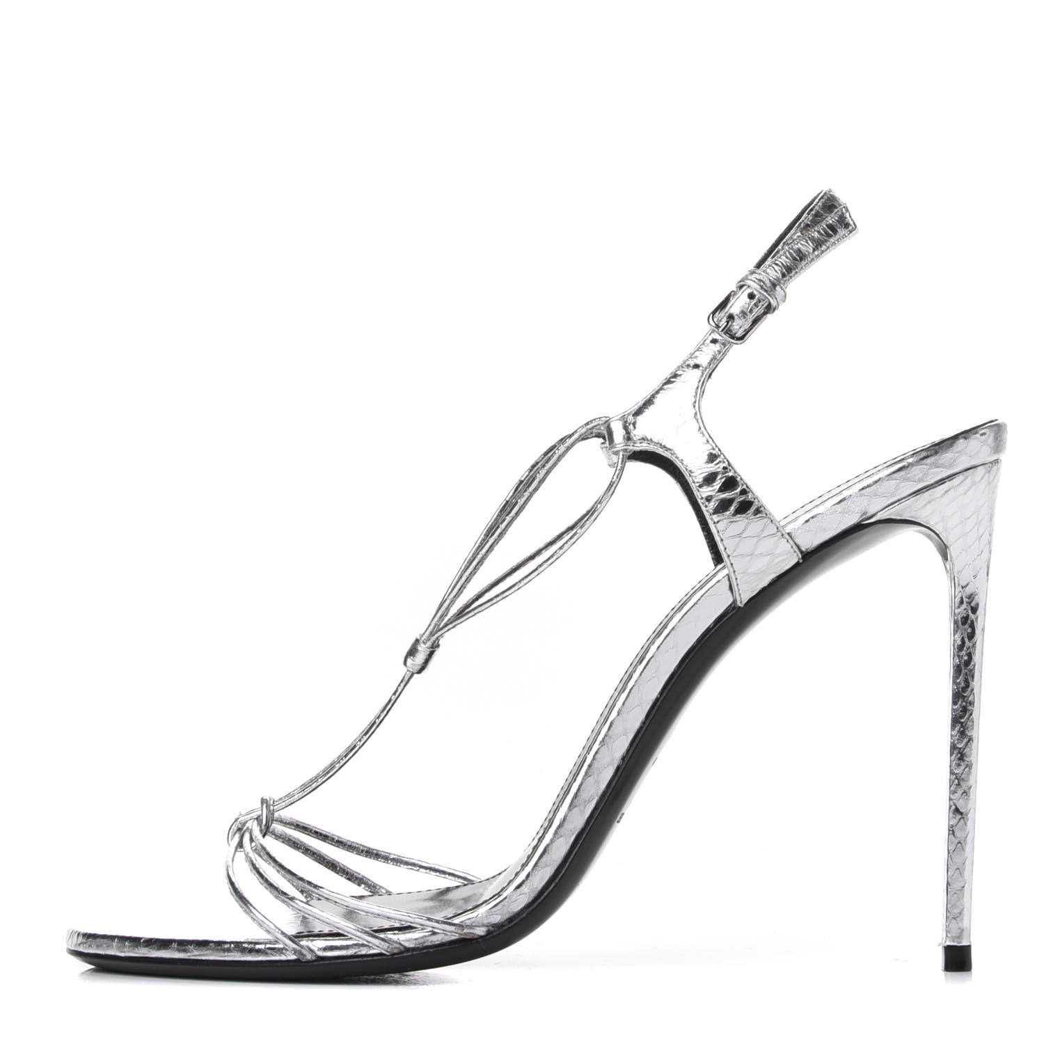Saint Laurent Snake Calfskin Embossed Jane 110 Ankle Strap Sandals 40 Silver 1 of 10