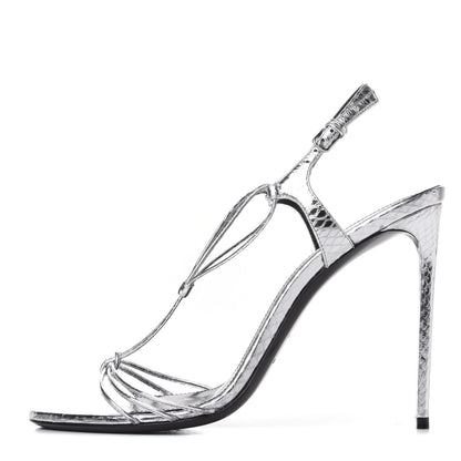 Saint Laurent Snake Calfskin Embossed Jane 110 Ankle Strap Sandals 40 Silver 1 of 10