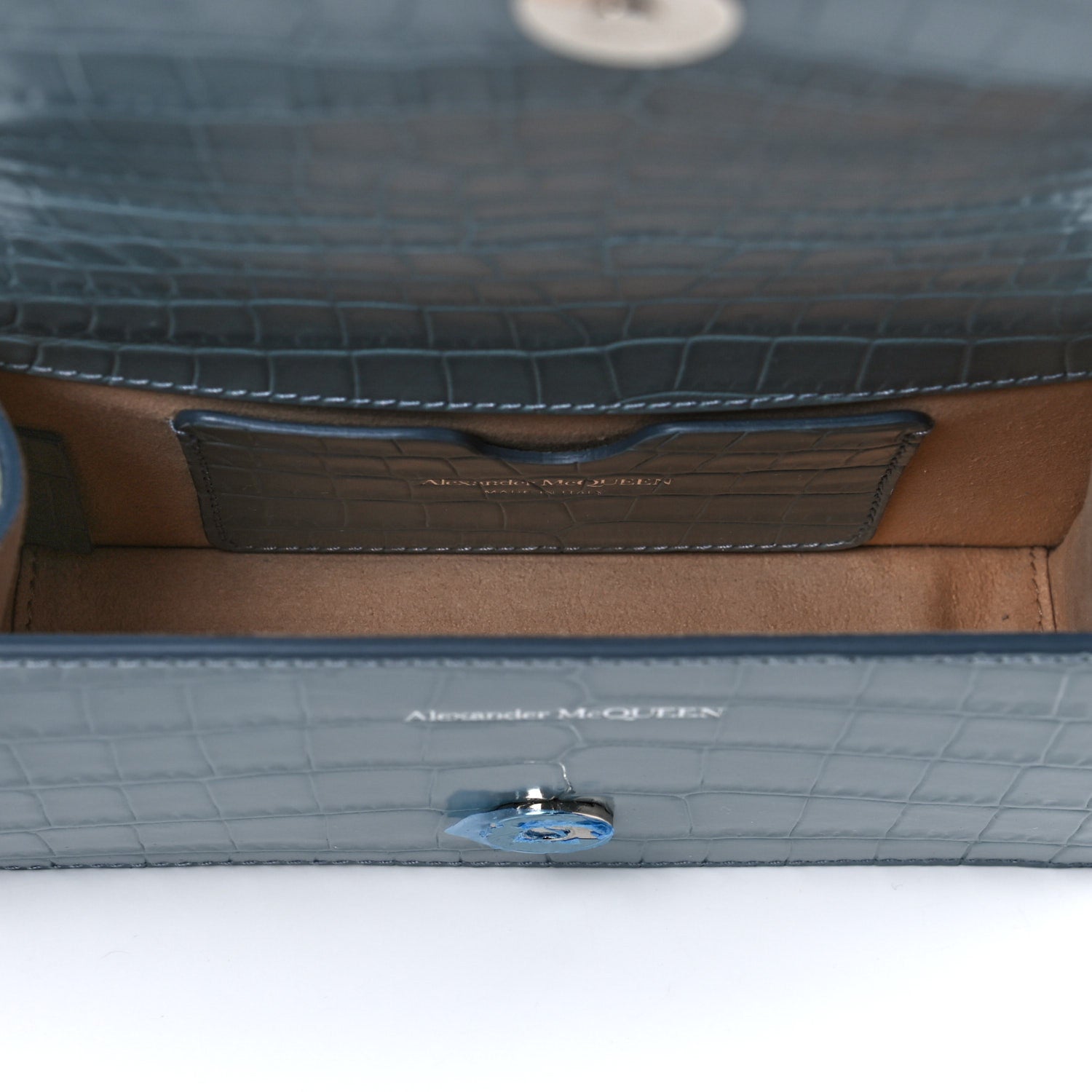 Alexander McQueen Shiny Crocodile Embossed Jeweled Satchel Blue Grey 5 of 17