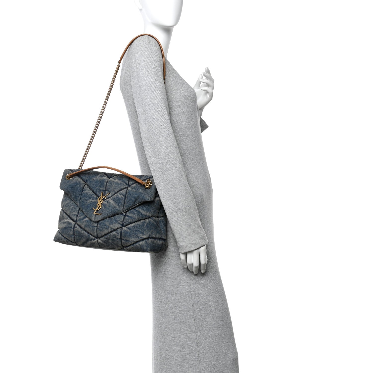 Saint Laurent Denim Quilted Medium Loulou Puffer Monogram Chain Satchel Blue Cinnamon 2 of 10