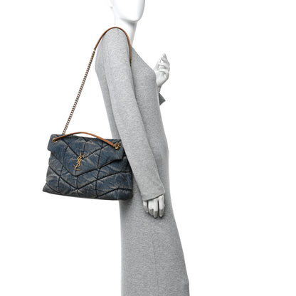 Saint Laurent Denim Quilted Medium Loulou Puffer Monogram Chain Satchel Blue Cinnamon 2 of 10