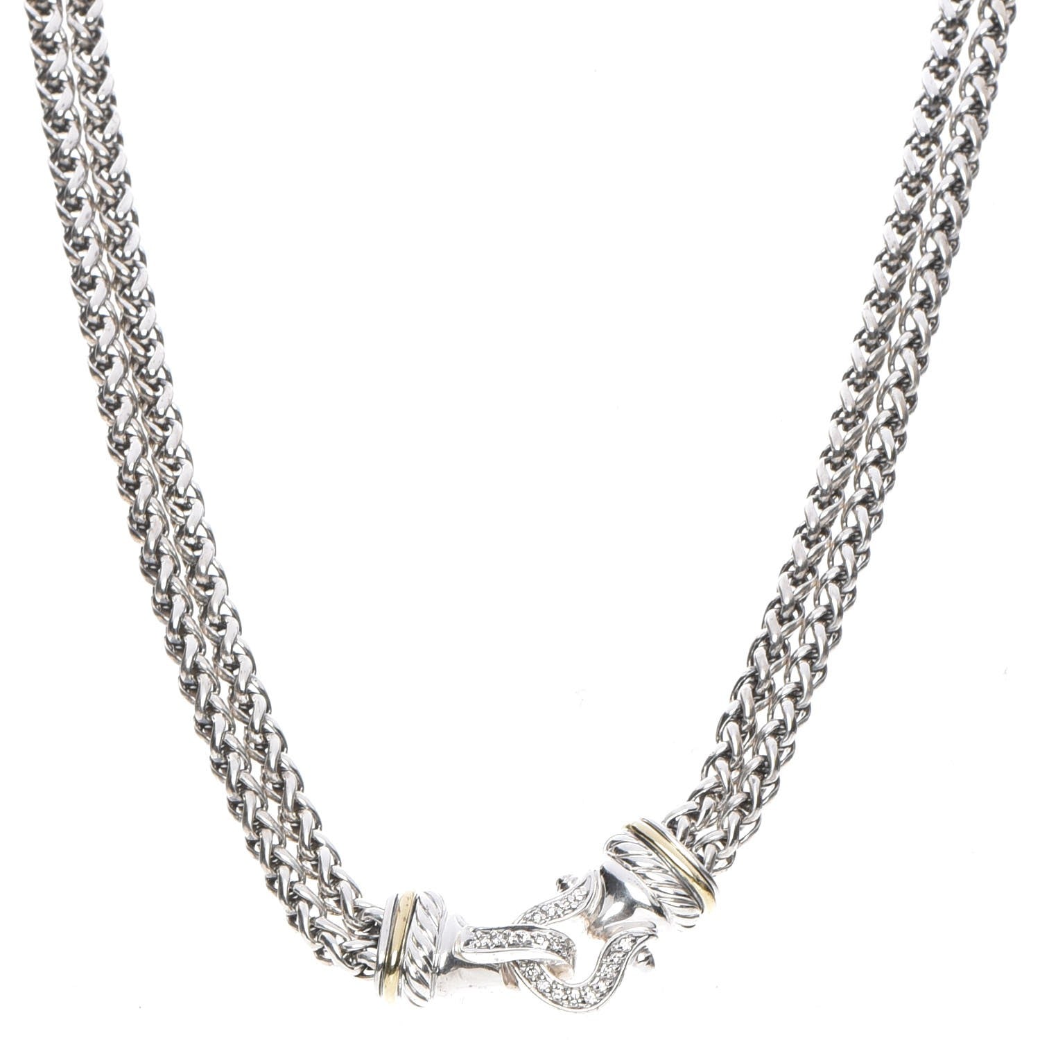 David Yurman Sterling Silver 18K Yellow Gold Diamond Double Wheat Buckle Necklace 1 of 6