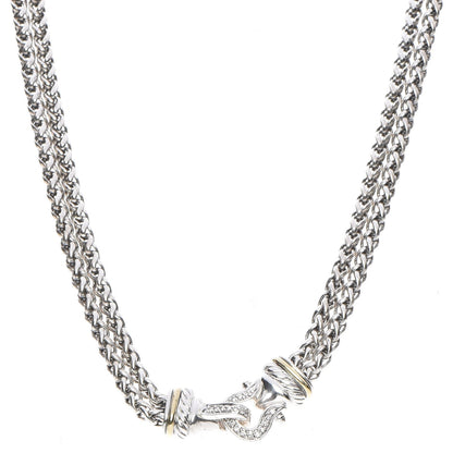 David Yurman Sterling Silver 18K Yellow Gold Diamond Double Wheat Buckle Necklace 1 of 6