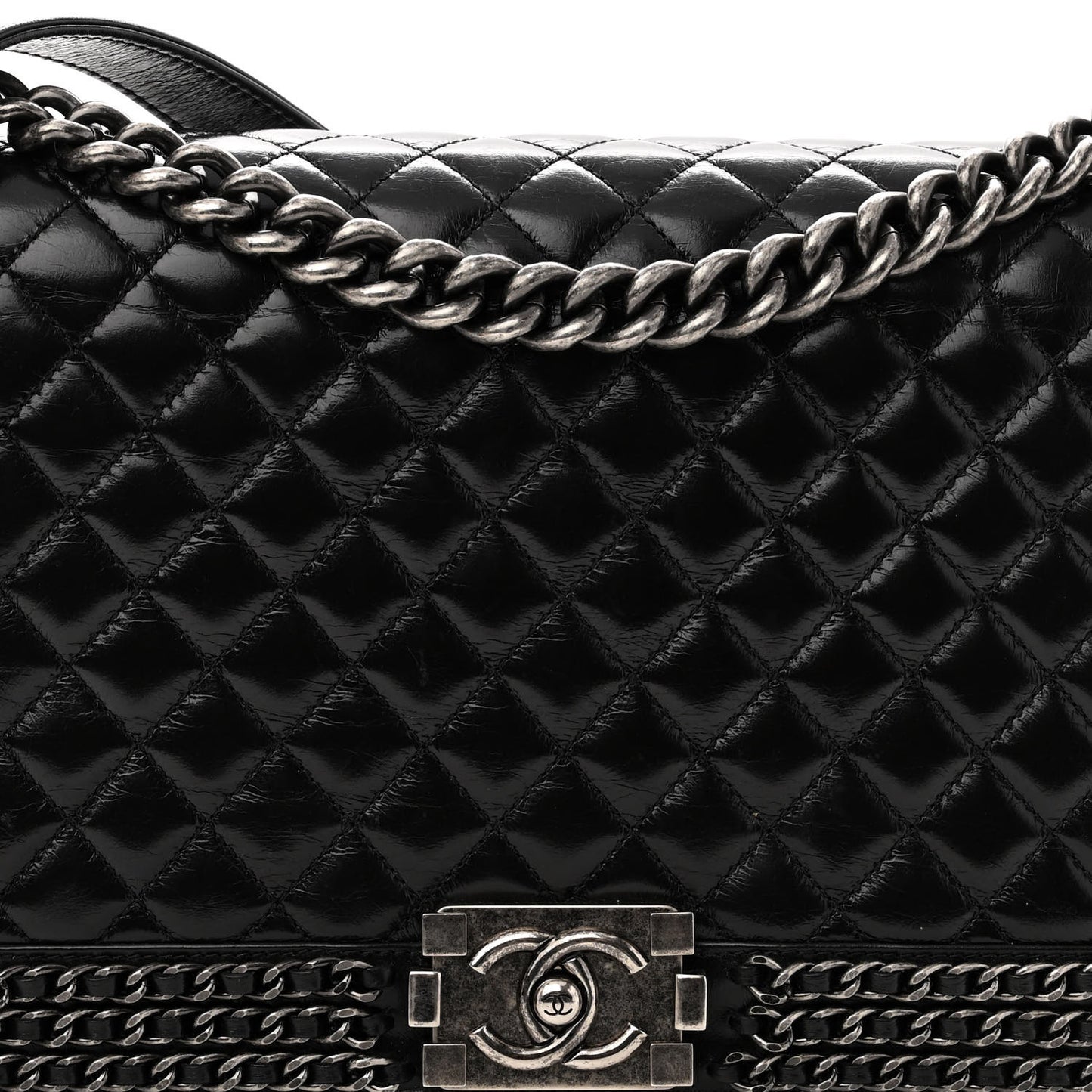 Glazed Calfskin Quilted New Medium Boy Chained Flap Black