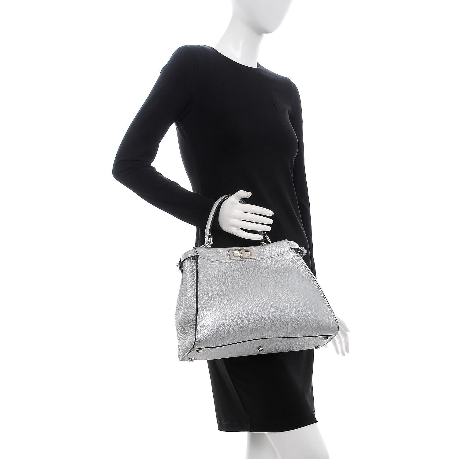 Fendi Cuoio Romano Lux Selleria Medium Peekaboo Iconic Satchel Argento 3 of 9