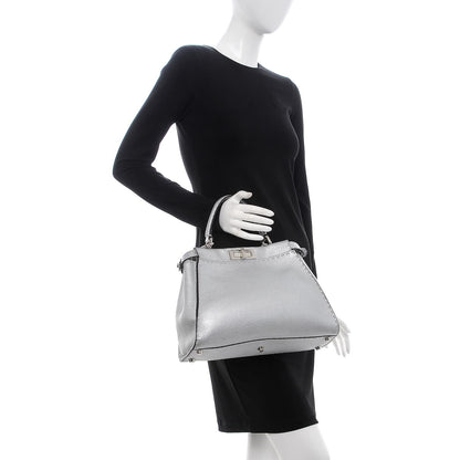 Fendi Cuoio Romano Lux Selleria Medium Peekaboo Iconic Satchel Argento 3 of 9