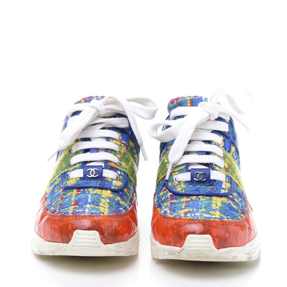 Chanel Tweed Calfskin Tennis Sneakers 37 Red Yellow Blue 2 of 9