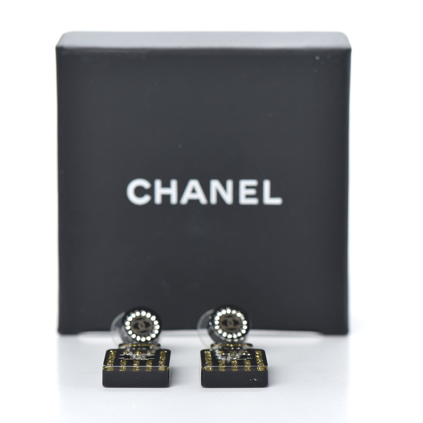 Resin Strass Perfume Bottle CC Earrings Black Gold
