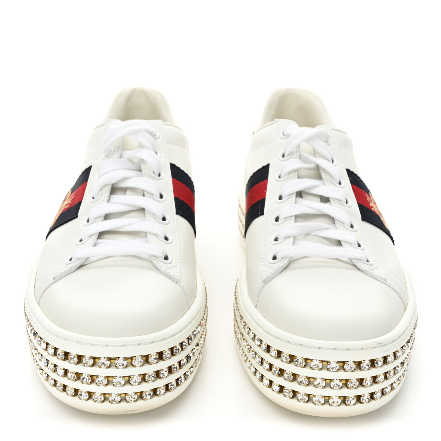 Calfskin Crystal Web Bee Embroidered Womens Ace Platform Sneakers 37 White