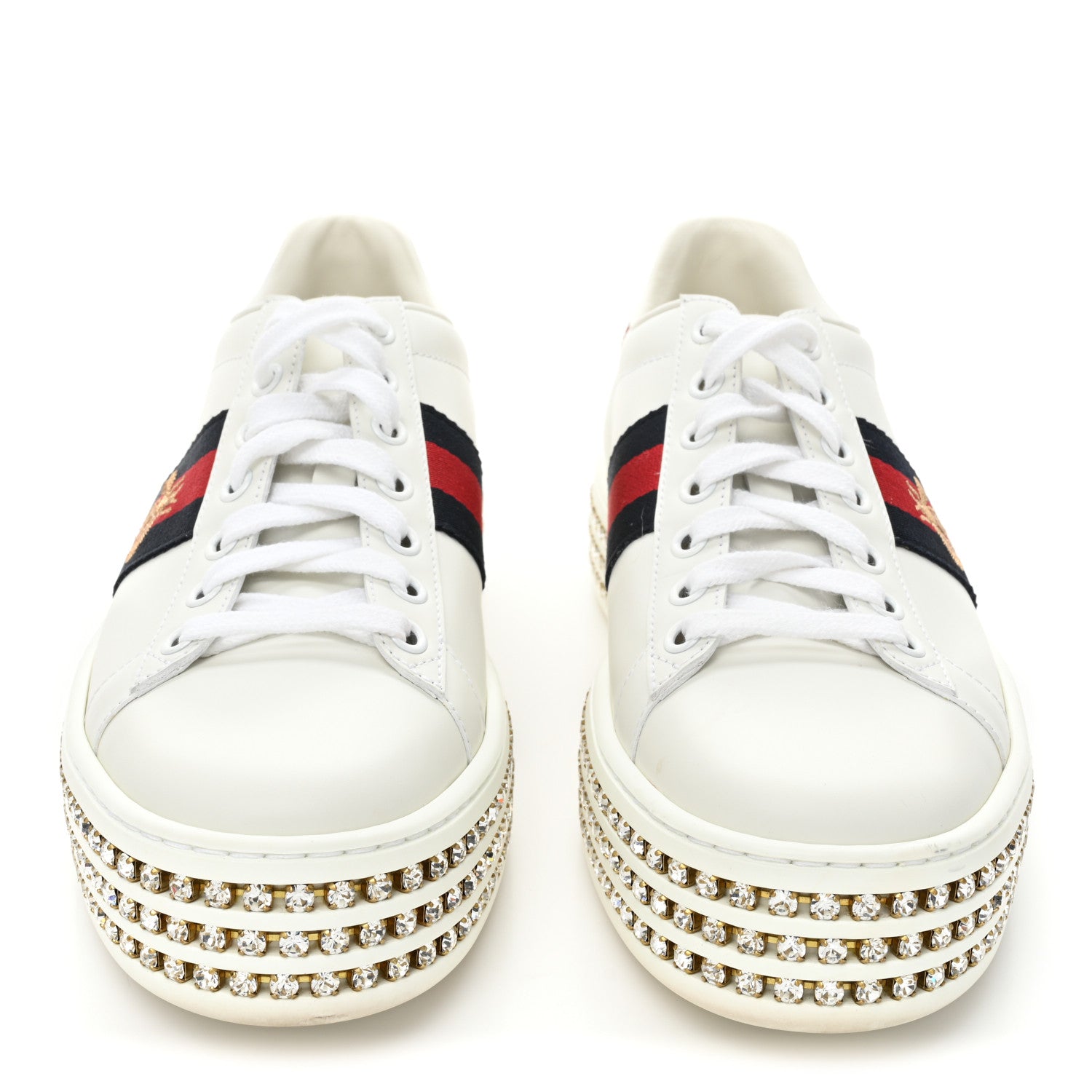 Gucci Calfskin Crystal Web Bee Embroidered Womens Ace Platform Sneakers 37 White 2 of 10