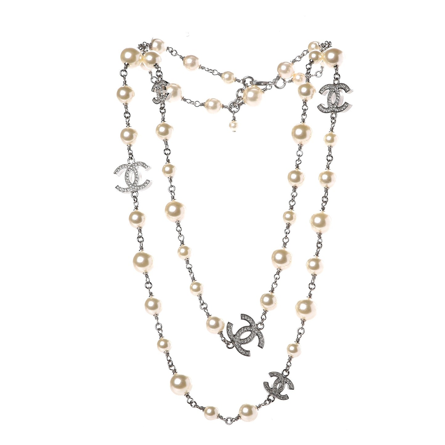 Crystal Pearl CC Long Necklace Silver