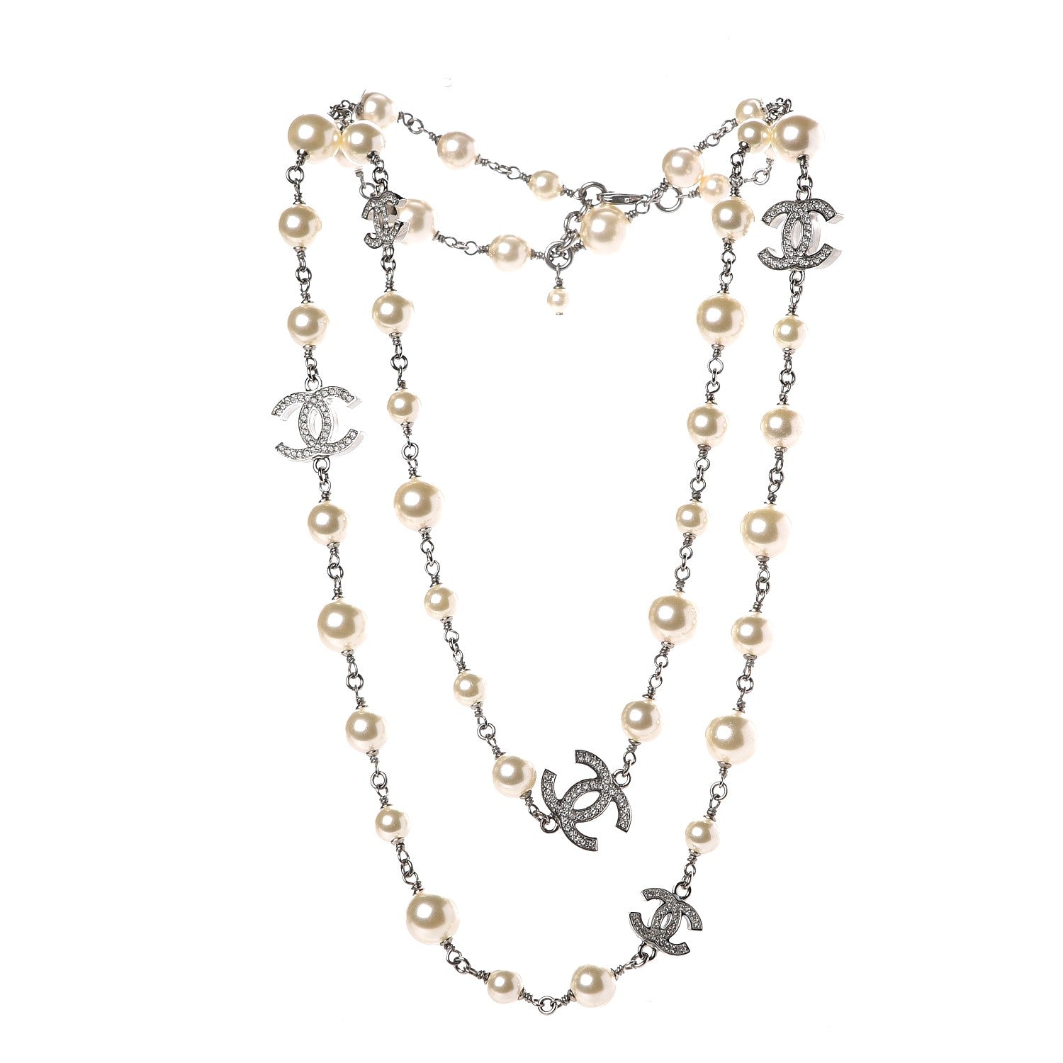 Chanel Crystal Pearl CC Long Necklace Silver 3 of 6