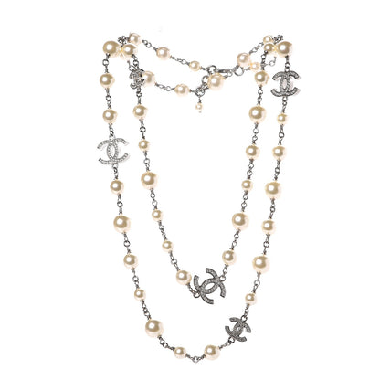 Chanel Crystal Pearl CC Long Necklace Silver 3 of 6