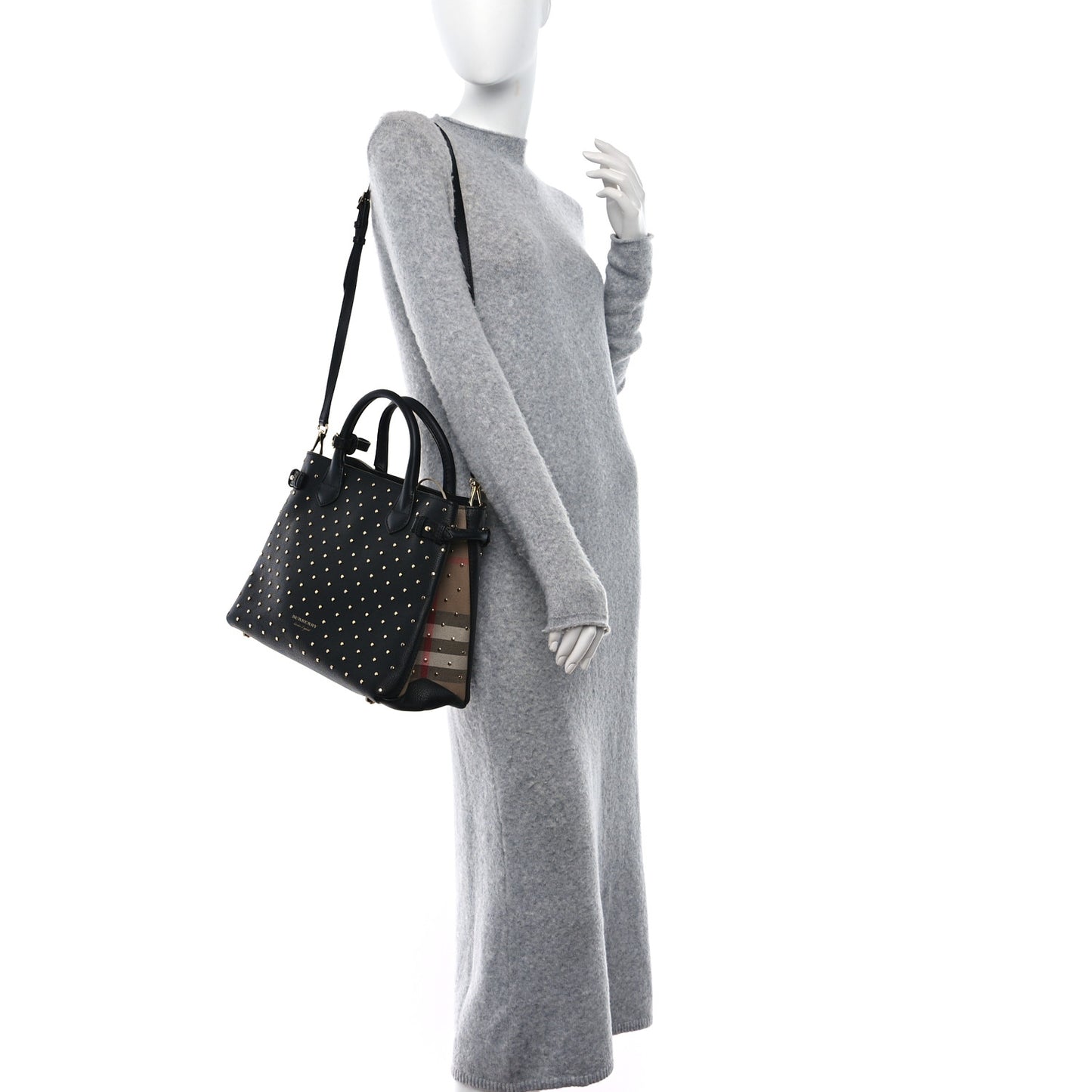 Grainy Calfskin Studded Medium Banner Tote Black
