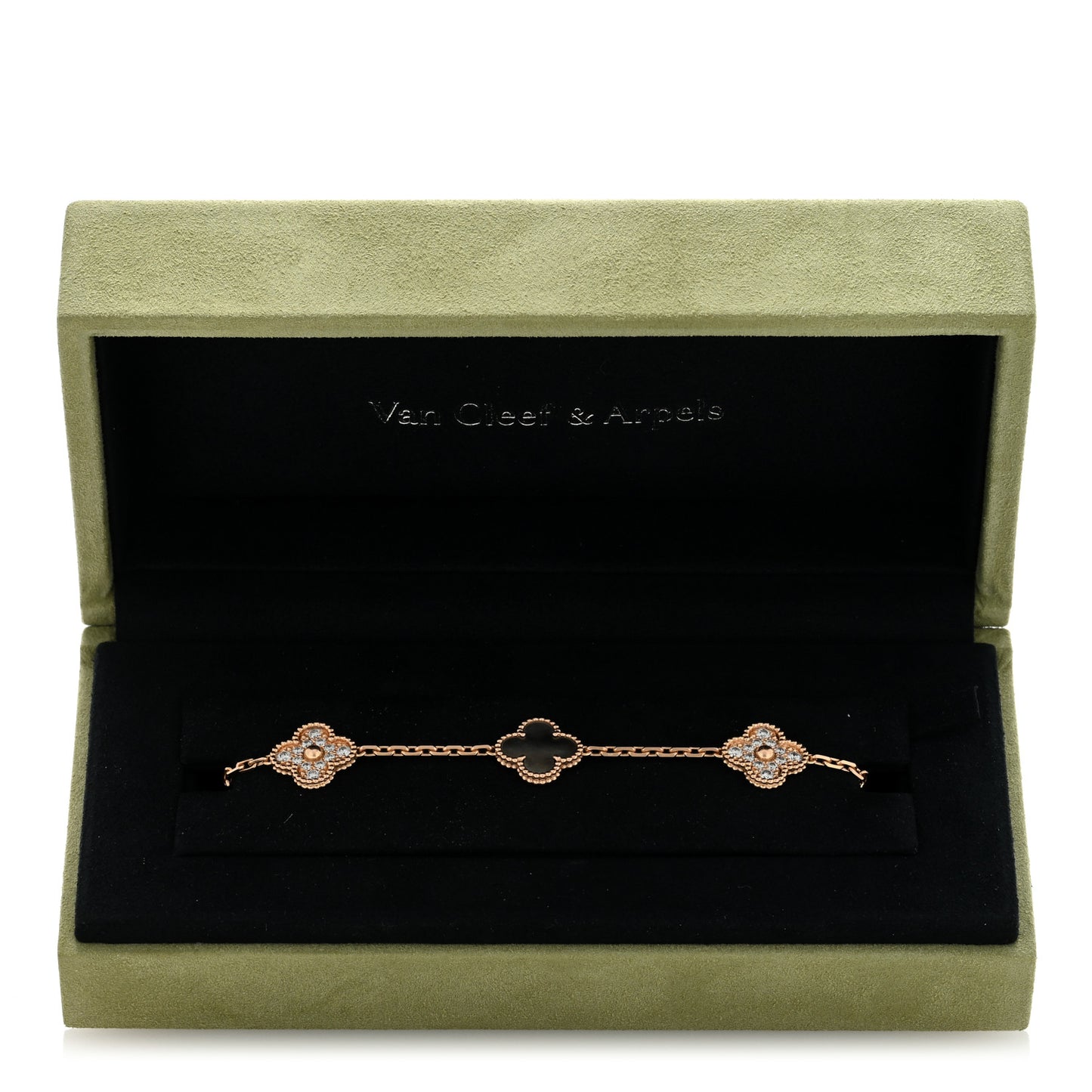 18K Rose Gold Diamond Gray Mother of Pearl 5 Motifs Vintage Alhambra Bracelet