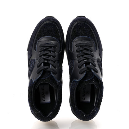 Chanel Tweed Suede Womens CC Sneakers 38 Black Blue 2 of 9
