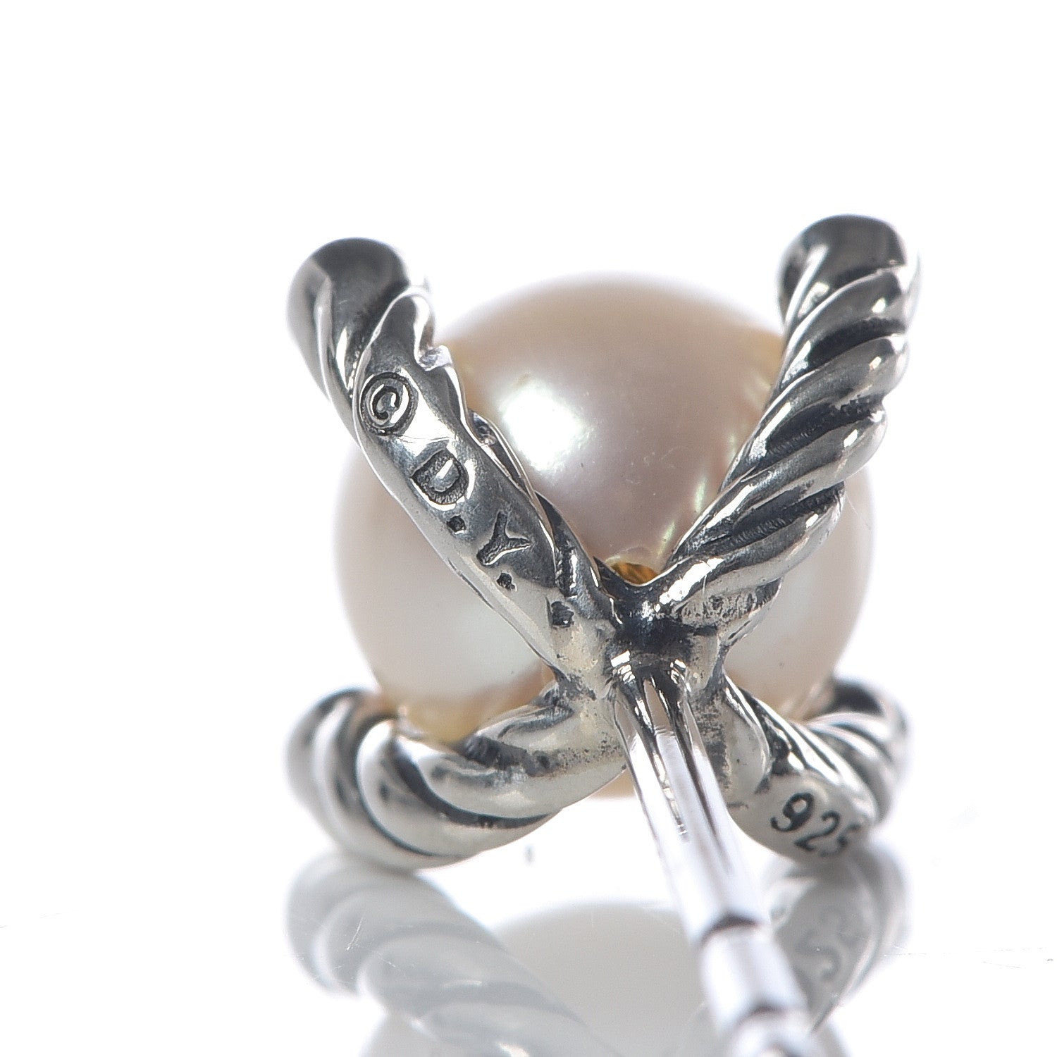 David Yurman Sterling Silver Diamond Pearl 7mm Earrings 4 of 5