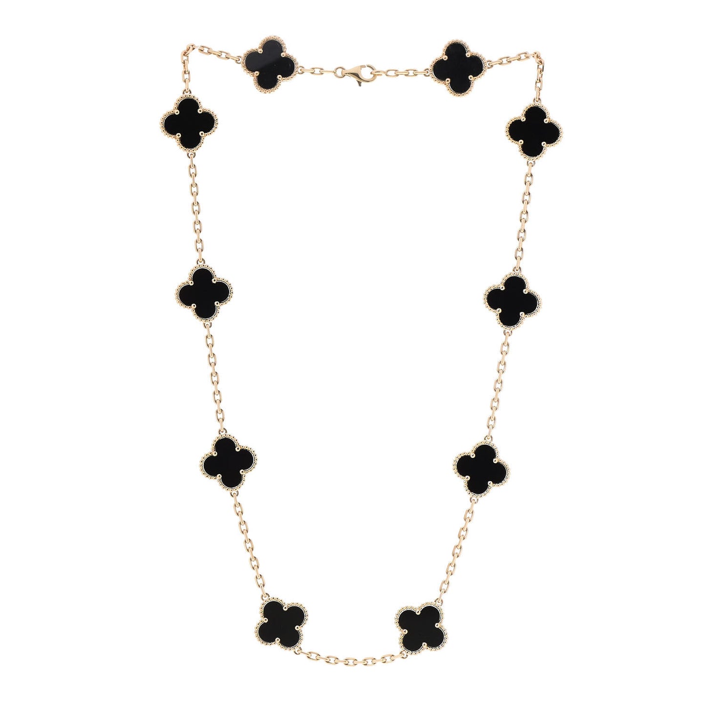 18K Yellow Gold Black Onyx 10 Motifs Vintage Alhambra Necklace