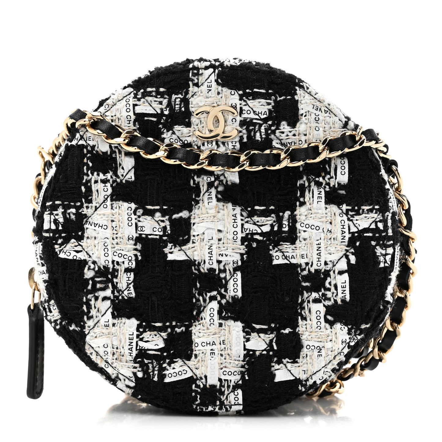 Tweed Quilted Round Clutch With Chain Black Ecru White