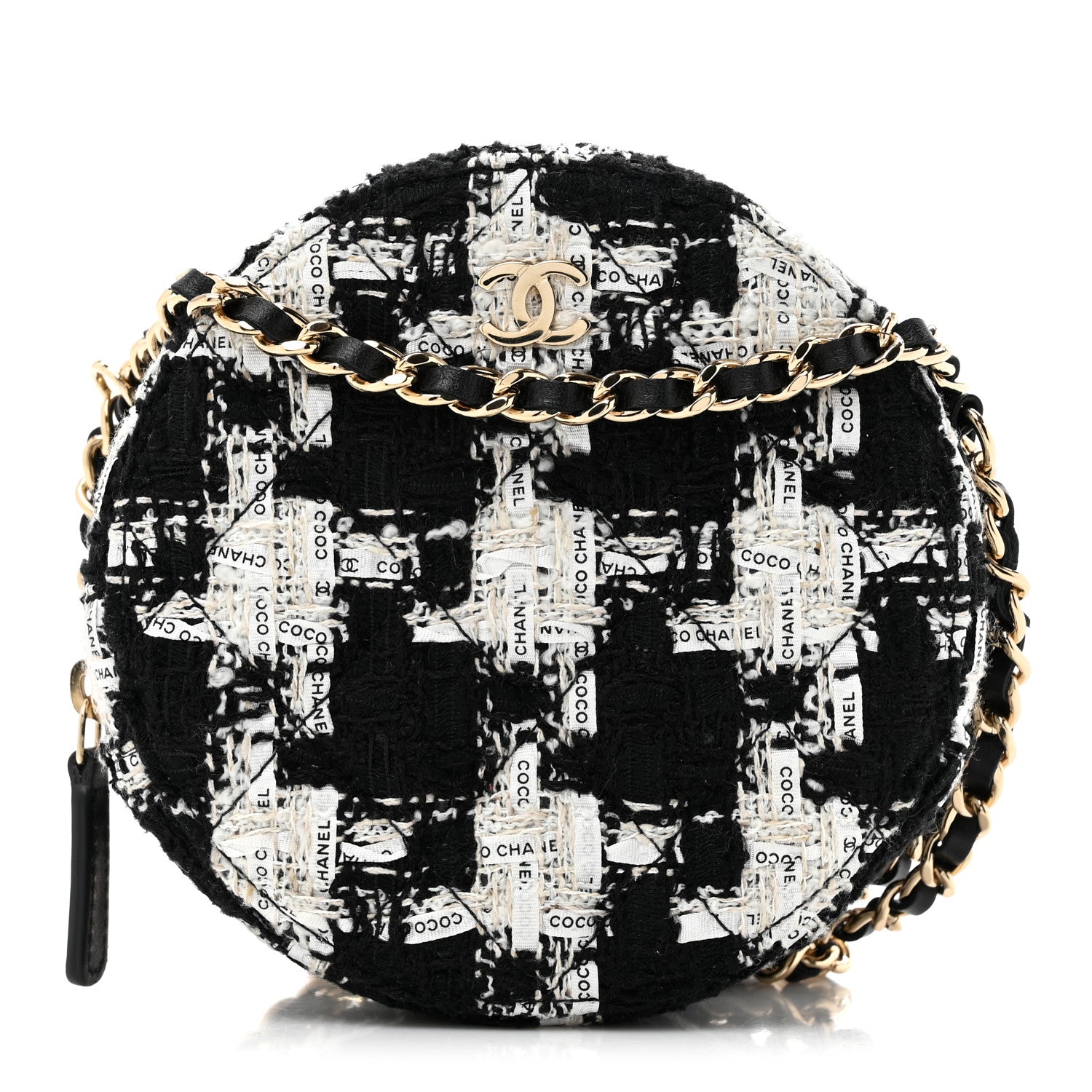 Chanel Tweed Quilted Round Clutch With Chain Black Ecru White 1 of 11