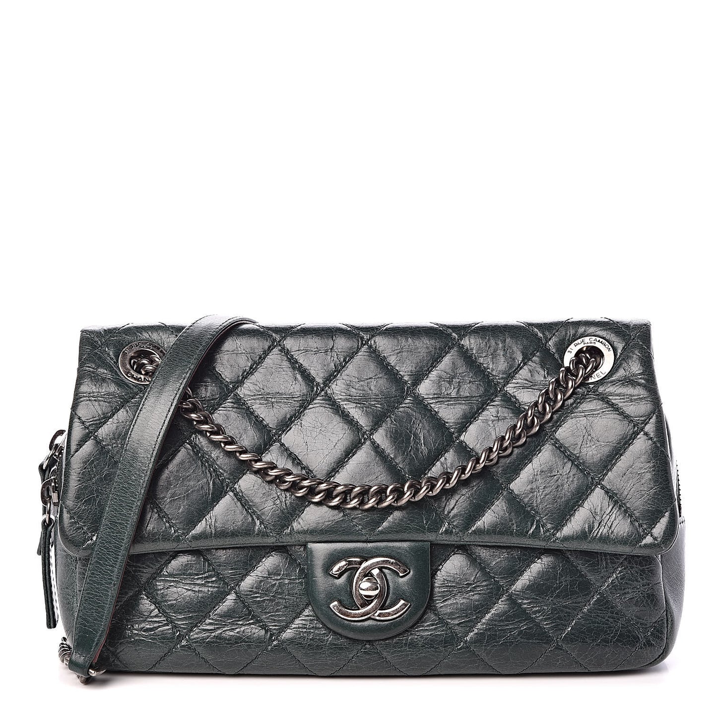 Glazed Calfskin Quilted Medium Duo Color Flap Dark Green