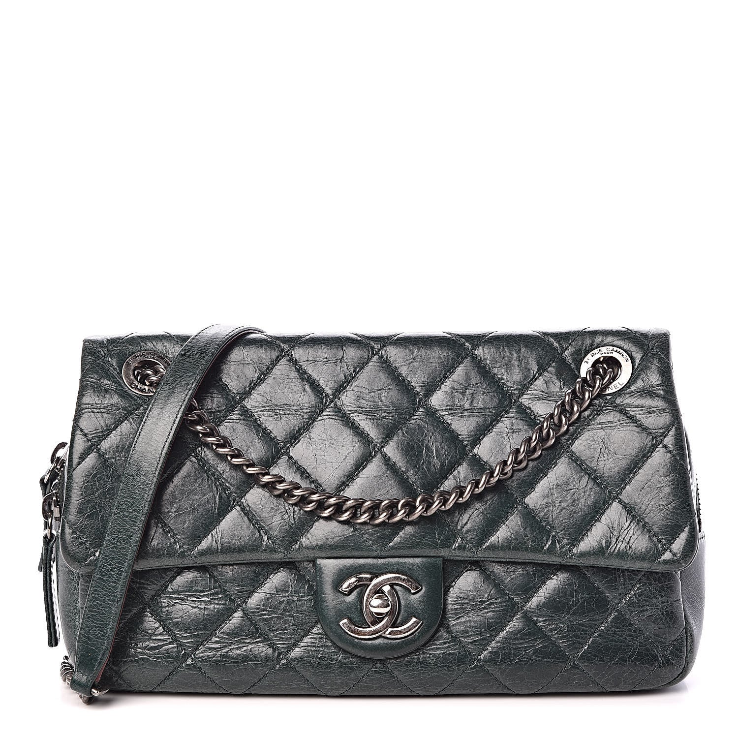 Chanel Glazed Calfskin Quilted Medium Duo Color Flap Dark Green 1 of 9