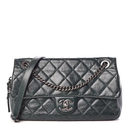 Chanel Glazed Calfskin Quilted Medium Duo Color Flap Dark Green 1 of 9