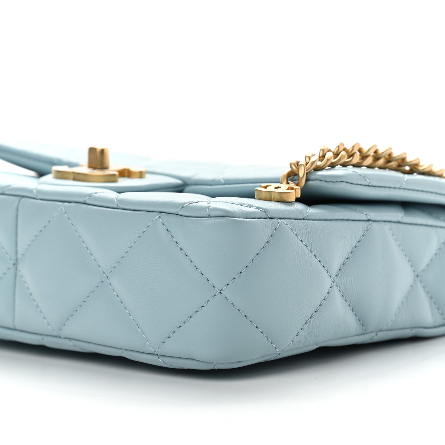 Lambskin Enamel Quilted Pending CC Mini Square Flap Light Blue
