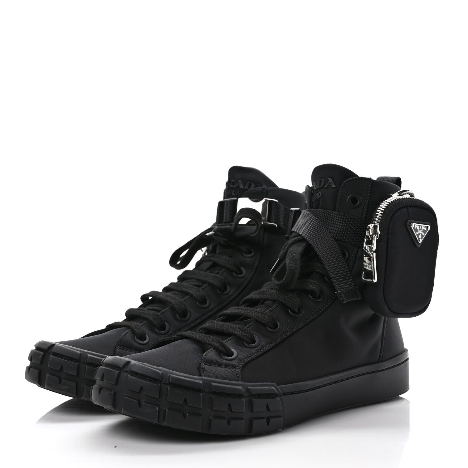 Prada Re-Nylon Gabardine Metal Triangle Logo Mens Wheel Pouch Pocket High Top Sneakers 7.5 Black 3 of 9