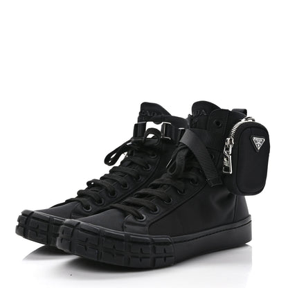 Prada Re-Nylon Gabardine Metal Triangle Logo Mens Wheel Pouch Pocket High Top Sneakers 7.5 Black 3 of 9