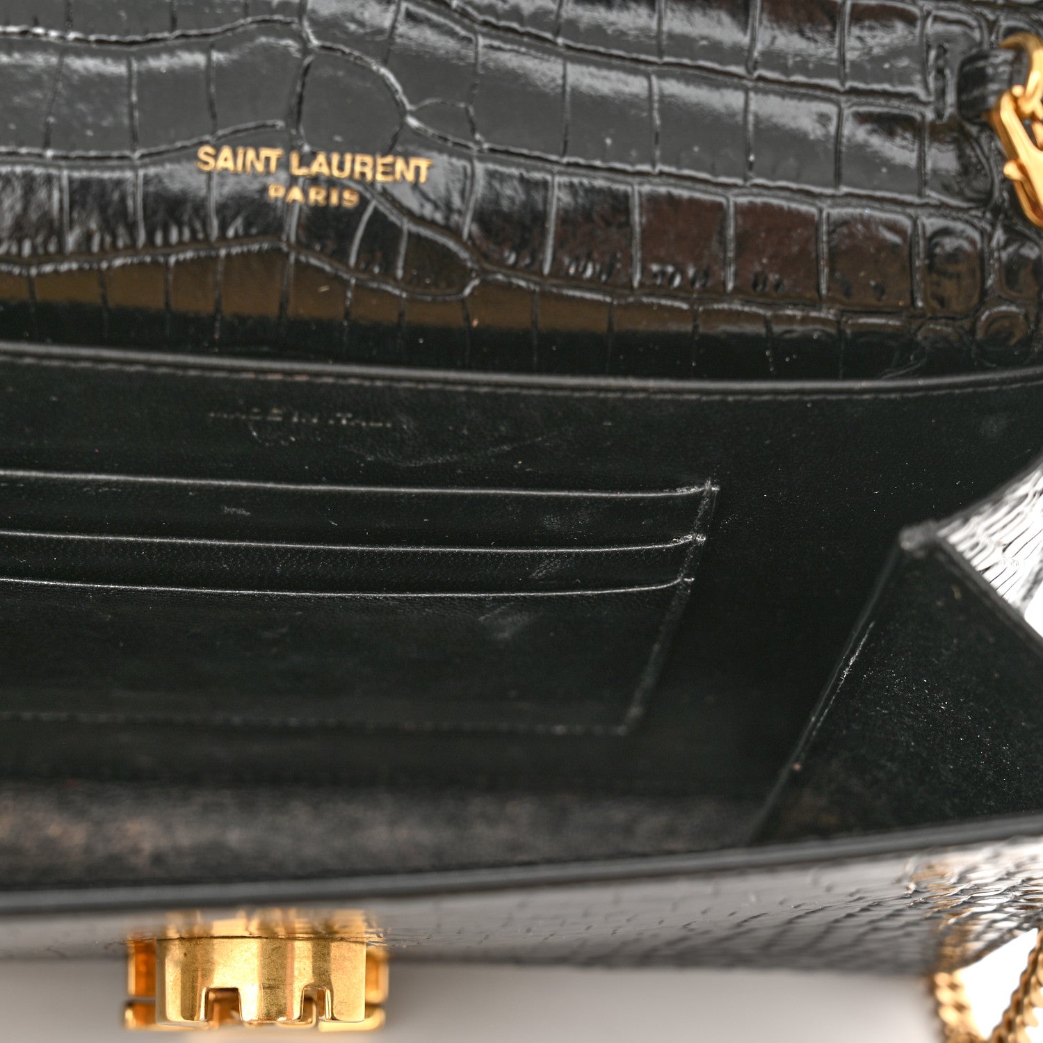 Saint Laurent Calfskin Crocodile Embossed Monogram Cassandra Chain Wallet Black 6 of 11