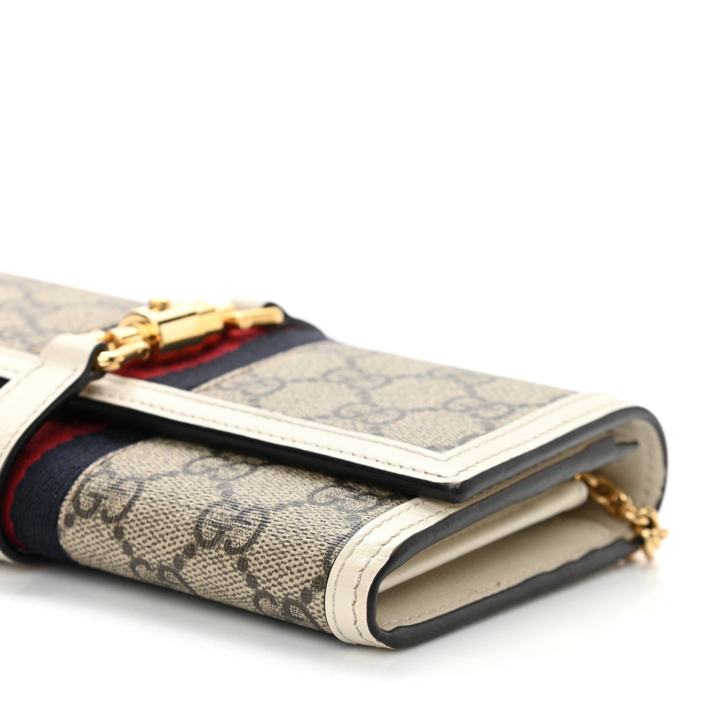 GG Supreme Monogram Textured Calfskin Web Jackie 1961 Chain Wallet Beige Ebony Mystic White