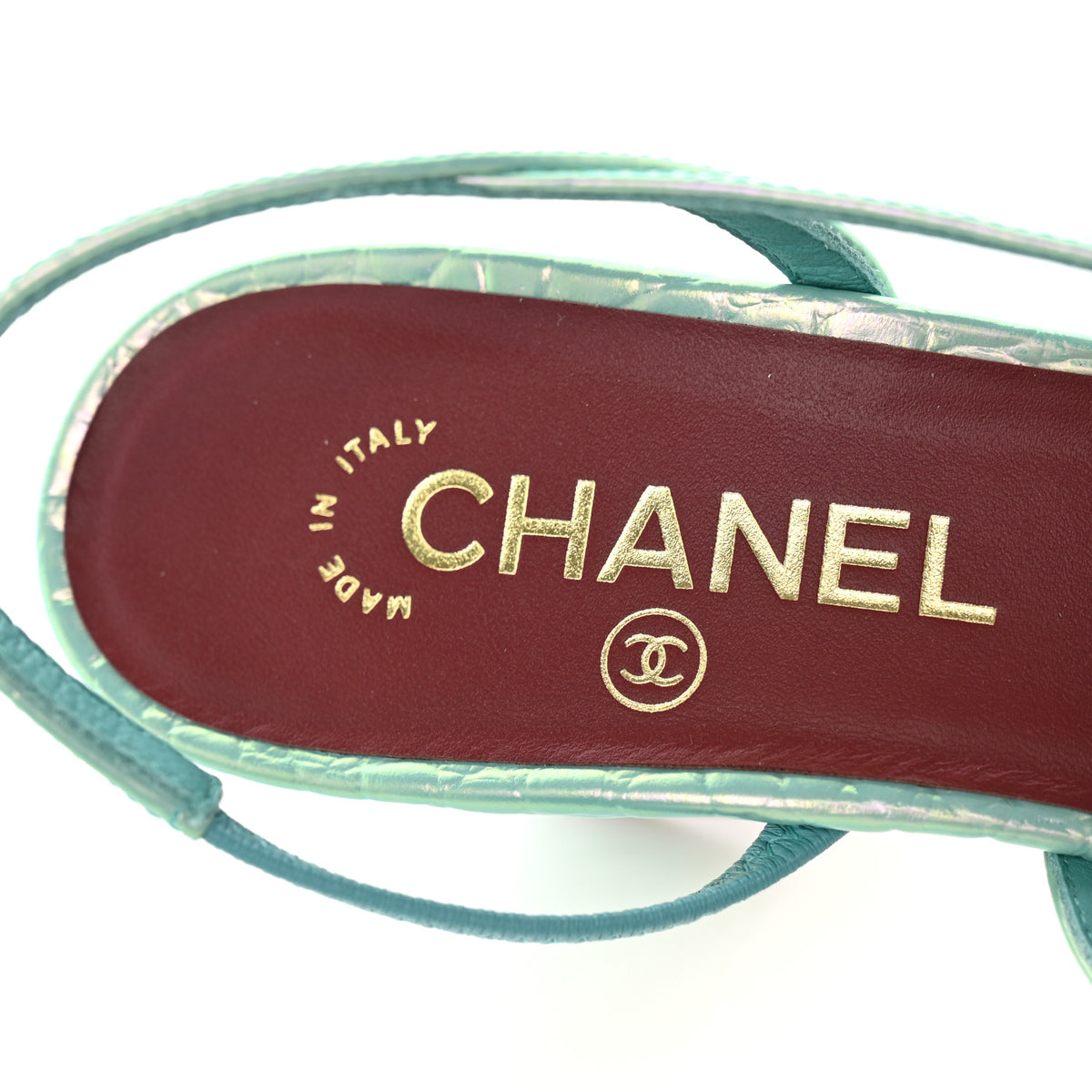 Chanel Iridescent Embossed Patent CC Cap Toe CC Slingback Pumps 37.5 Turquoise 8 of 10