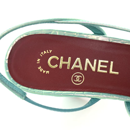 Chanel Iridescent Embossed Patent CC Cap Toe CC Slingback Pumps 37.5 Turquoise 8 of 10