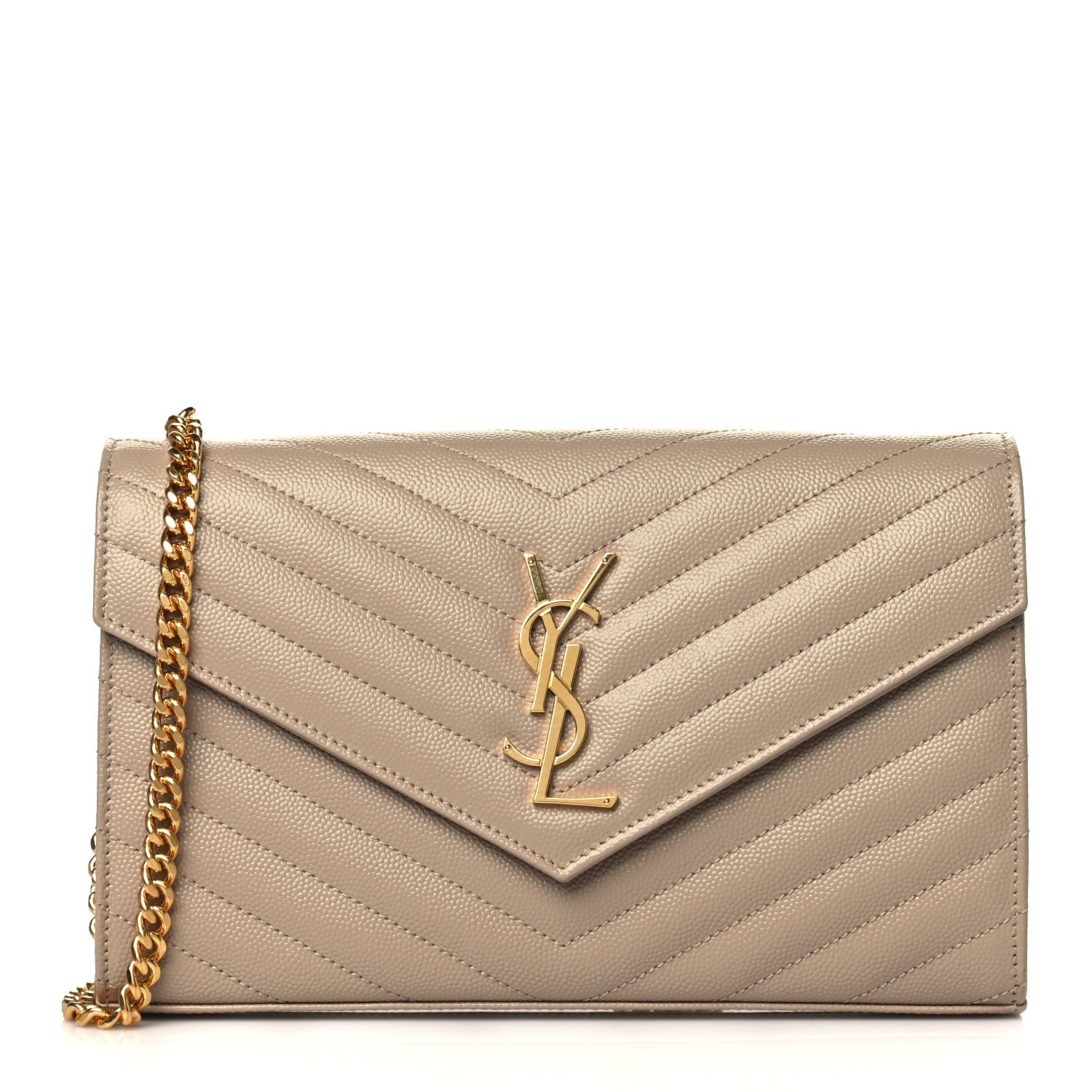 Saint Laurent Grain De Poudre Matelasse Chevron Monogram Chain Wallet Dark Beige 1 of 10