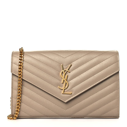 Saint Laurent Grain De Poudre Matelasse Chevron Monogram Chain Wallet Dark Beige 1 of 10