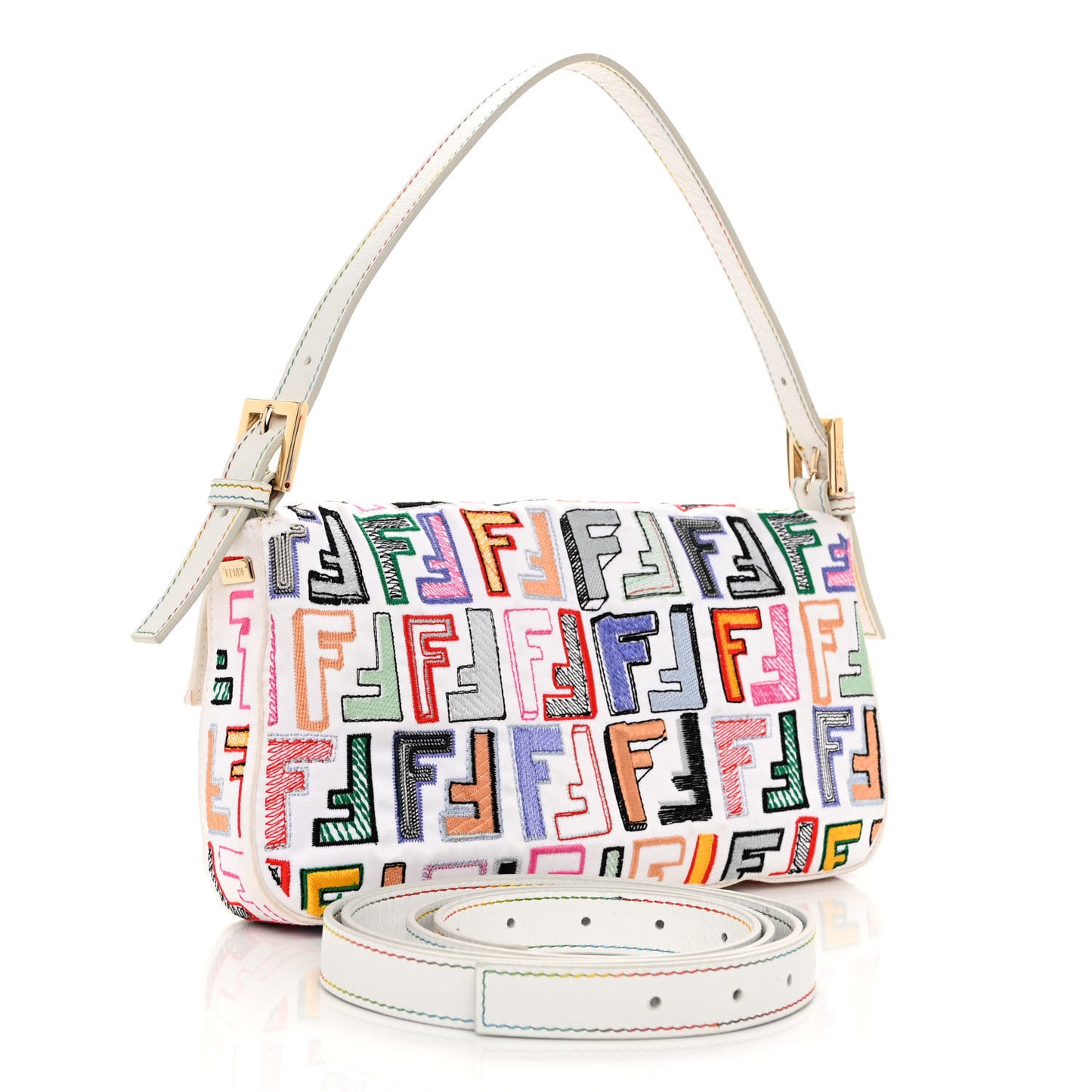 Nylon FF Multicolor Embroidered Baguette Multicolor White