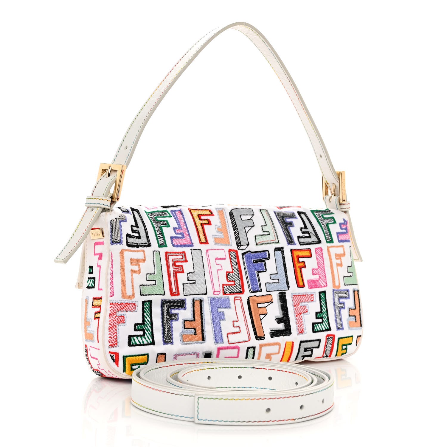 Fendi Nylon FF Multicolor Embroidered Baguette Multicolor White 3 of 11