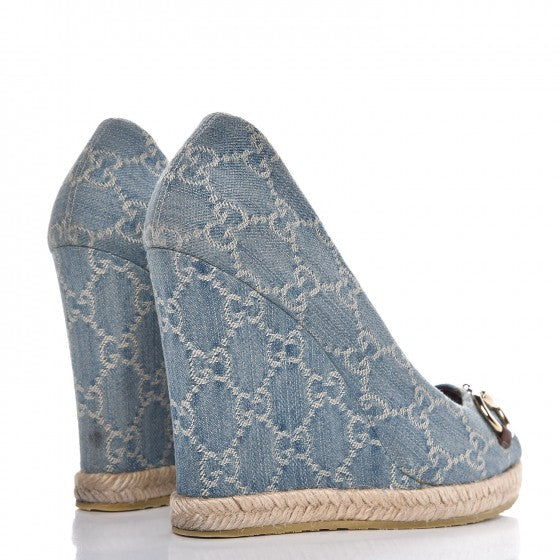 Denim Monogram Horsebit Open Toe Espadrille Wedges 39.5 Blue