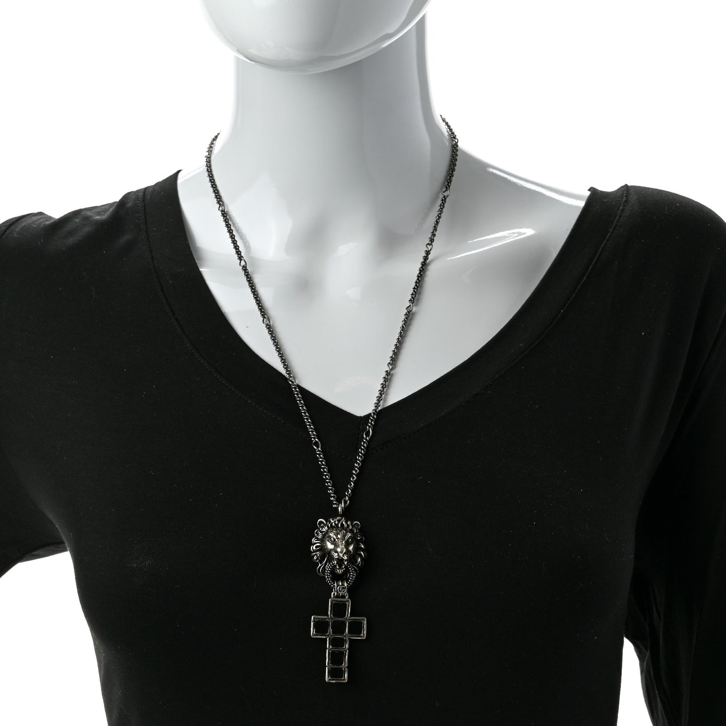 Enamel Brass Lion Head Crucifix Necklace Black